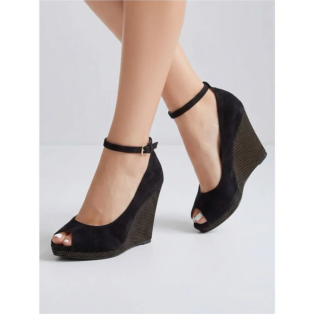 BLACK SUEDE WEDGE W GOLD STUDS ANKLE STRAP 4” HEEL